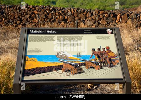 Panneau d'interprétation, parc historique national Puukohola Heiau, Hawaii Banque D'Images