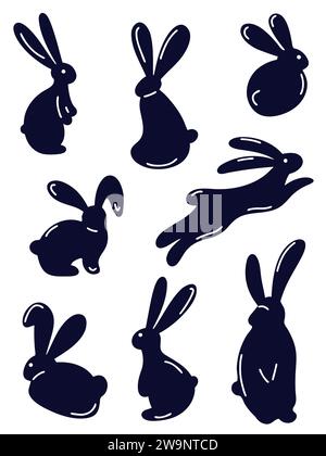 Ensemble de silhouettes de lapins en mouvement. Illustration en noir et blanc Illustration de Vecteur