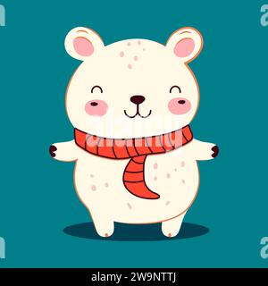 Cute cartoon white polar bear wearing red scarf. Arctic animal character. Flat design. Vector print. Christmas greeting card, kids cards for birthday Illustration de Vecteur