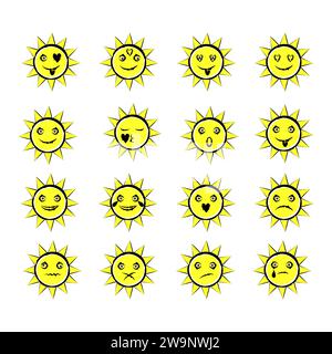 Ensemble de soleils. Les émotions sont des soleils différents. Faces jaunes. Emoji. Illustration vectorielle sur fond blanc Illustration de Vecteur