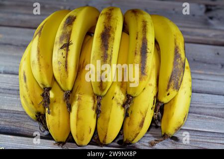 Bananes, allongés, fruits comestibles botaniquement une baie, produite par plusieurs types de grandes plantes herbacées à fleurs dans le genre Musa, le plus grand h Banque D'Images