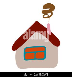 Petite maison colorée tordue dans le style plat avec de la fumée de cheminée, toit et fenêtre. Dessin animé enfants dessin Vector illustration fond blanc isolé Illustration de Vecteur