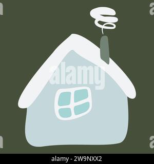 Petite maison colorée tordue dans le style plat avec de la fumée de cheminée, toit et fenêtre. Dessin animé enfants dessin Vector illustration fond blanc isolé Illustration de Vecteur