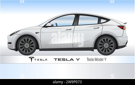 USA, année 2020, voiture électrique Tesla modèle y silhouette, illustration colorée Banque D'Images