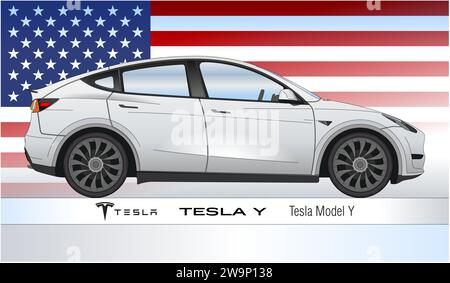 USA, année 2020, silhouette de voiture électrique Tesla modèle y, illustration colorée avec drapeau américain sur le fond Banque D'Images