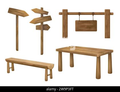 Table de pique-nique en bois, bancs pour les loisirs en plein air. Vacances en famille et voyages. Un panneau de signalisation avec des flèches directionnelles. Panneaux pour camping, parcs naturels, Banque D'Images
