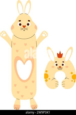 Jouet en peluche de lapin grand format et lapin avec oreiller de cou. Peluche-oreiller surdimensionné anti-stress doux pour dormir et jouer. Illustrations vectorielles isolées dans Illustration de Vecteur