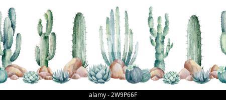 Ce motif aquarelle sans couture présente des succulentes dessinées à la main, des cactus et des roches sur un fond blanc. Plantes dans les tons verts. Adapté pour une utilisation en pr Banque D'Images