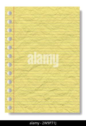 Page de fond de papier jaune ligné avec texture de papier froissé pour avis. Illustration pédagogique Banque D'Images