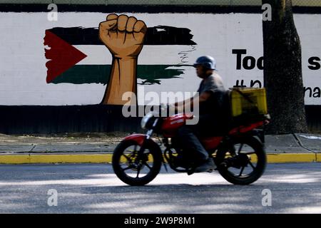 Valence, Carabobo, Venezuela. 29 décembre 2023. 29 décembre 2023. Un motocycliste monte devant un graffiti avec un poing symbolisant la lutte et le drapeau de la Palestine, situé dans la ville de Valence, dans l'État de Carabobo. Photo : Juan Carlos Hernandez (image de crédit : © Juan Carlos Hernandez/ZUMA Press Wire) USAGE ÉDITORIAL SEULEMENT! Non destiné à UN USAGE commercial ! Crédit : ZUMA Press, Inc./Alamy Live News Banque D'Images