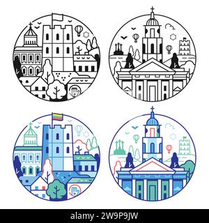 Voyage Vilnius Circle icônes dans Line Art Illustration de Vecteur