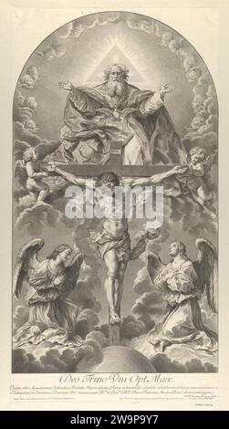 La Sainte Trinité ; Christ sur la croix flanqué de deux anges, le Saint-Esprit comme une colombe et Dieu dans le ciel au-dessus de la croix, une composition rectangulaire avec un demi-cercle au sommet, d'après Reni 1951 de Guido Reni Banque D'Images