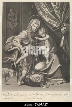 La Vierge assise avec l'enfant Christ sur ses genoux, le jeune Saint Jean Baptiste s'agenouillant sur le berceau du Christ et embrassant son pied, agneau à gauche, d'après Reni 1951 de Guido Reni Banque D'Images