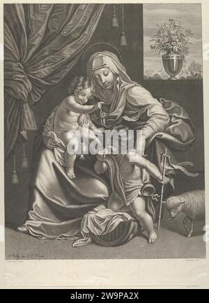 La Vierge assise avec l'enfant Christ sur ses genoux, le jeune Saint Jean Baptiste s'agenouillant sur le berceau du Christ et embrassant son pied, un agneau à droite, d'après Reni 1951 de Guido Reni Banque D'Images