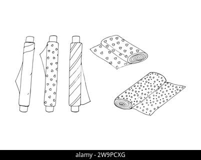 Jeu de rouleaux de tissu étirés à la main. Outils de couture, couture, travaux d'aiguille, passe-temps, artisanat. Production de vêtements. Illustration de Vecteur