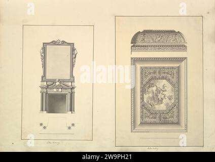 Feuille d'Aedes Walpolianae montée de deux dessins : a) : cheminée de salon, Houghton Hall, Norfolk, élévation ; b) : plafond de salon, Houghton Hall, Norfolk 1925 par Isaac Ware Banque D'Images