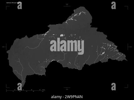 Forme d'une carte d'altitude en niveaux de gris avec les lacs et les rivières de la République centrafricaine, avec l'échelle de distance et les coordonnées de la carte frontière, isolé sur Banque D'Images
