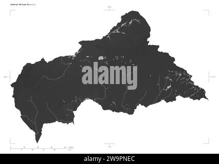 Forme d'une carte d'altitude en niveaux de gris avec les lacs et les rivières de la République centrafricaine, avec l'échelle de distance et les coordonnées de la carte frontière, isolé sur Banque D'Images