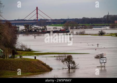 Inondation au Rhin près de Duisbourg, vue de Ruhrort au nord, sur les prairies rhénanes de Duisbourg-Homberg, jusqu'au pont autoroutier de l'A42, betwe Banque D'Images