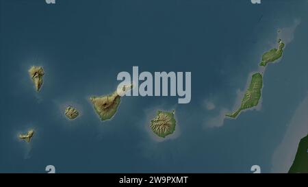 Îles Canaries - Espagne mise en évidence sur une carte d'altitude en couleur pâle avec lacs et rivières Banque D'Images