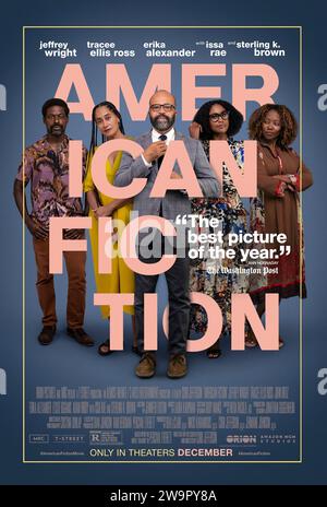 American Fiction (2023) réalisé par Cord Jefferson et mettant en vedette Jeffrey Wright, Tracee Ellis Ross et John Ortiz. Un romancier qui en a marre de l'establishment qui profite des divertissements dits « noirs » utilise un pseudonyme pour écrire un livre qui le propulse au cœur de l'hypocrisie et de la folie qu'il prétend dédaigner. Affiche US une feuille ***USAGE ÉDITORIAL SEULEMENT***. Crédit : BFA / Amazon MGM Studios Banque D'Images