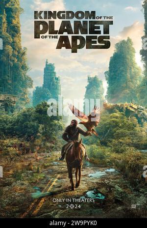 Kingdom of the Planet of the Apes (2024) réalisé par Wes ball et mettant en vedette Freya Allan, Kevin Durand et Dichen Lachman. Plusieurs années après le règne de César, un jeune singe part dans un voyage qui l'amènera à remettre en question tout ce qu'on lui a appris sur le passé et à faire des choix qui définiront un avenir pour les singes et les humains. Affiche US Advance ***USAGE ÉDITORIAL SEULEMENT***. Crédit : BFA / Twentieth Century Studios Banque D'Images