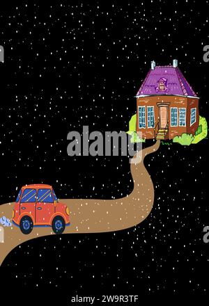 C'est un vecteur d'une peinture solitaire montrant une maison isolée dans une nuit d'hiver, avec la neige qui tombe et une voiture émettant de la fumée se déplaçant vers la maison. Illustration de Vecteur