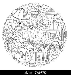 Ensemble de Doodle vectoriel dessiné à la main pour Une page de coloriage anti-stress sur le thème de l'été, mettant en vedette la mer et tout le nécessaire pour la détente estivale dans Un livre de coloriage Illustration de Vecteur