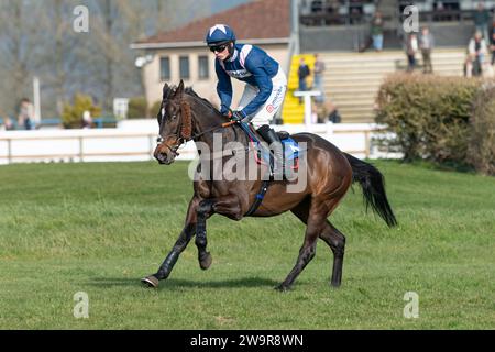 Photos du cheval de course 'Birds of Prey', monté par Harry Cobden, entraîné par Paul Nicholls, à l'hippodrome de Wincanton, le 21 mars 2022 Banque D'Images