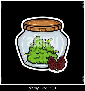 Saveur de cône de pin avec mascotte de caricature de Weed Bud sur pot. Pour autocollant et étiquette. Vector et Illustration. Illustration de Vecteur