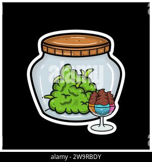 Saveur de crème glacée avec Cartoon Mascot de Weed Bud sur pot. Pour autocollant et étiquette. Vector et Illustration. Illustration de Vecteur