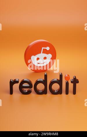 Buenos Aires, Argentine - 29 décembre 2023 : icône logo Reddit et texte solide isolé sur fond orange. illustration 3d. Banque D'Images