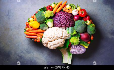 Cerveau humain fait de variété de légumes colorés, concept de végétarien, végétalien, nutrition saine Banque D'Images