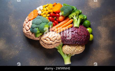 Cerveau humain fait de variété de légumes colorés, concept de végétarien, végétalien, nutrition saine Banque D'Images