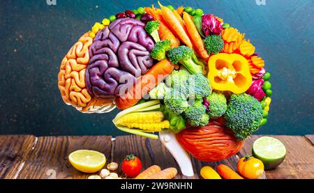 Cerveau humain fait de variété de légumes colorés, concept de végétarien, végétalien, nutrition saine Banque D'Images