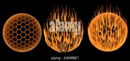 sphère hexagonale avec brûlure de flamme de feu Banque D'Images