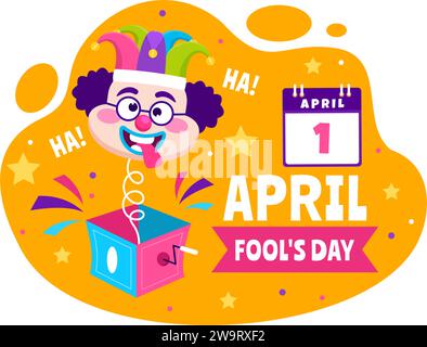 Joyeux avril Fools Day Celebration Illustration portant un chapeau de Jester et une boîte contenant des surprises pour surprendre les gens dans Flat Cartoon Holiday Illustration de Vecteur