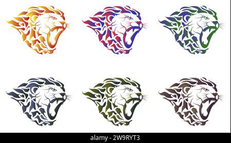 Ensemble de logos colorés de tête de lion de feu. le lion ouvrit la bouche. Illustration de Vecteur