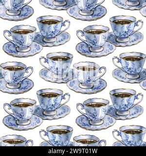 Aquarelle peinte à la main avec des tasses à café de thé antiques. Design sur le thème de l'heure du thé. Tasse de thé ou de café en porcelaine. Répétition de l'arrière-plan. Banque D'Images
