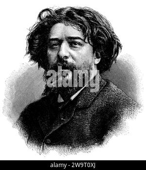 Alphonse Daudet (1840-1897), écrivain français, d'après photographie du fils Bacan (successeur de E. Gaudin) à Paris, , (livre d'histoire littéraire, 1900), Alphonse Daudet (1840-1897), französischer Schriftsteller, nach Photographie von Bacan Sohn (E. Gaudins Nachfolger) in Paris, Alphonse Daudet (1840-1897), écrit français, d'après la photographie de Bacan fils (successeur de E. Gaudin) à Paris Banque D'Images