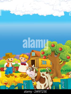 scène de dessin animé avec homme et femme fermier heureux sur l'illustration de ranch de ferme pour les enfants Banque D'Images