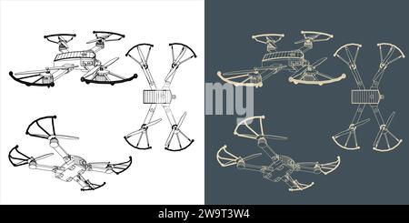 Plan filaire de drone vectoriel ou de ligne quadcopter Illustration de Vecteur