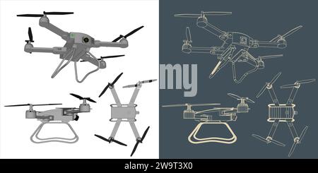 Plan filaire de drone vectoriel ou de ligne quadcopter Illustration de Vecteur