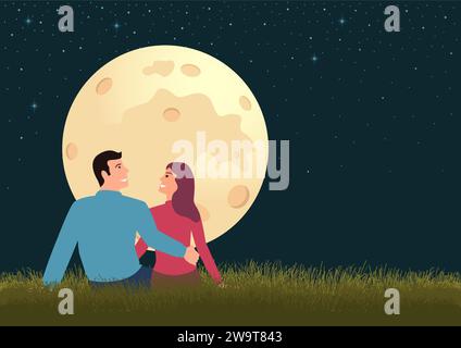 Illustration vectorielle plate simple de couple assis sur l'herbe pendant la pleine lune Illustration de Vecteur