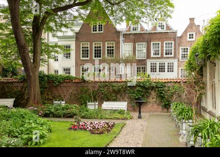 Cour avec un beau jardin dans le centre d'Utrecht avec de vieilles maisons de canal historiques en arrière-plan. Banque D'Images