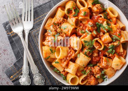 Délicieux pâtes maison mezze maniche avec viande tomate sauce bolognaise closeup sur l'assiette sur la table. Vue de dessus horizontale Banque D'Images