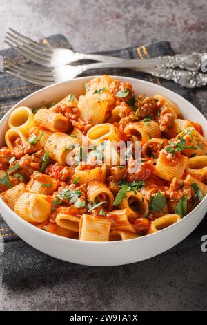 Pâtes italiennes mezze maniche avec sauce bolognaise closeup sur l'assiette sur la table. Vertical Banque D'Images