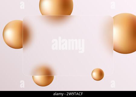 Page d'atterrissage en morphisme de verre avec cadre rectangulaire et sphères flottantes de couleur or floue. Illustration de Vecteur