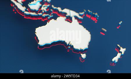 Carte du monde blanc avec continent australien, frontières dorées et contour rouge sur fond bleu. Illustration de rendu 3D. Banque D'Images