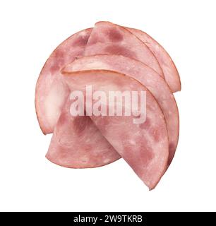 morceaux ronds de jambon isolé sur fond blanc avec chemin de découpage, morceaux de jambon de porc coupés en tranches disposées pour créer la mise en page, la nourriture italienne Banque D'Images